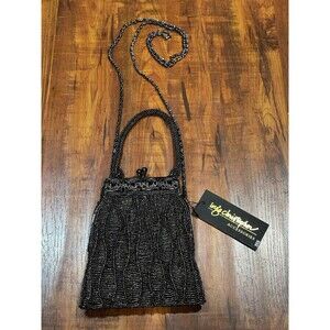 Vintage Inge Christopher Black with Gold Beaded Shoulder Purse Evening Bag - New